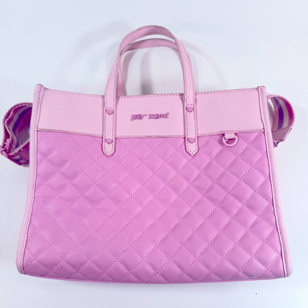 Betsey Johnson Tote Bag Medium Quilted Pink Heart Studs Striped Crossbody Strap